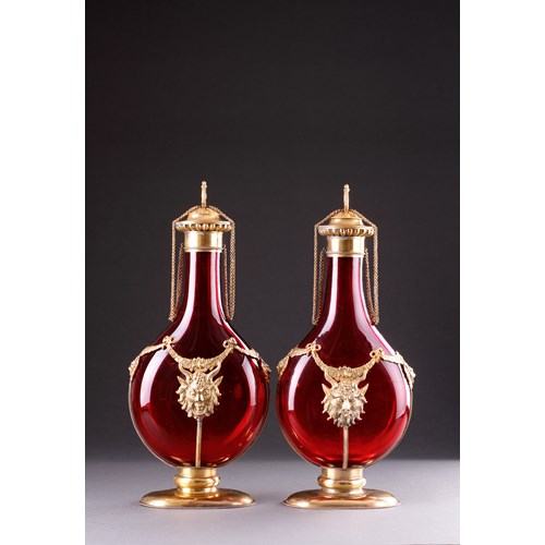 A Very Fine Pair Ormolu Mounted Ruby Glass Bottle Vases